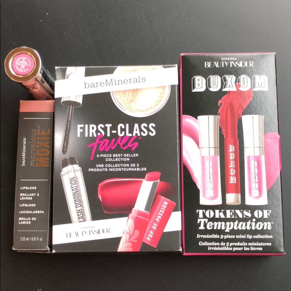 Buxom & Bare Minerals sample lip, eye and face